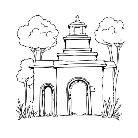 An artistic line drawing presents a religious building with natural elements. The architectural structure is surrounded by stylized trees, creating a sense of serenity and peacefulness. This imageのイラスト素材