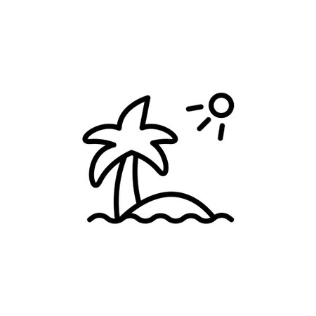 A minimalist illustration captures a tropical island scene, featuring a palm tree, gentle waves, and a radiant sun. Evoking feelings of serene escape and tranquil relaxation this vector image isのイラスト素材