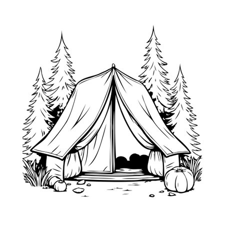 A vintage-inspired illustration of a campsite featuring a classic tent nestled between tall trees, with pumpkins scattered nearby, creating a peaceful escape into nature. The artwork offers a sereneのイラスト素材