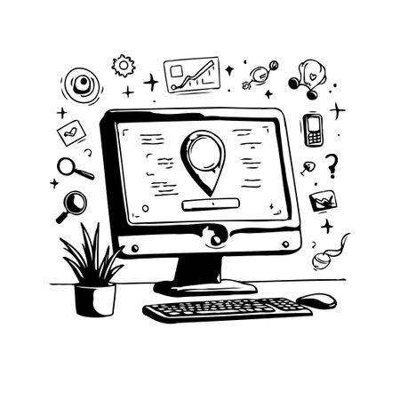 A hand-drawn illustration presents a business concept on a desktop computer, showcasing digital navigation and analytics. This workspace scene suggests innovation, strategic planning, andのイラスト素材
