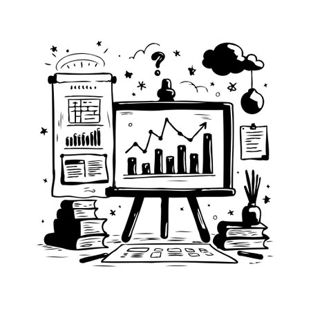 A hand-drawn monochrome illustration visually representing business growth. The image features rising charts and data presentation on a whiteboard symbolizing success, analysis, and strategicのイラスト素材