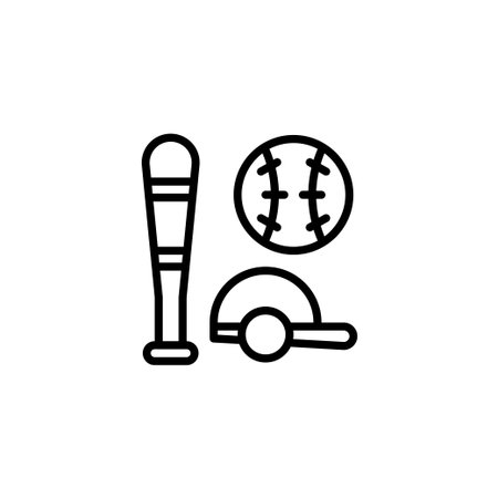 A clean and simple line art illustration of essential baseball equipment: a bat, a ball, and a helmet. Perfect for use in sports-related designs, educational materials, and recreational graphics.のイラスト素材