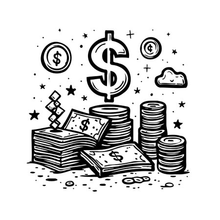 A black and white illustration depicting a wealth concept, showcasing stacked dollar bills, and coin piles alongside a bold dollar sign. It represents financial success, savings, investmentのイラスト素材