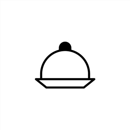 A minimalist line drawing depicts a serving dome on a plate. This graphic element is suitable for representing catering, fine dining, or kitchenware. The clean design lends itself to menus, eventのイラスト素材