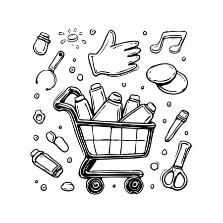 A hand-drawn doodle illustration features a shopping cart brimming with assorted household items and cleaning supplies. The whimsical design evokes a sense of everyday routines and the act ofのイラスト素材