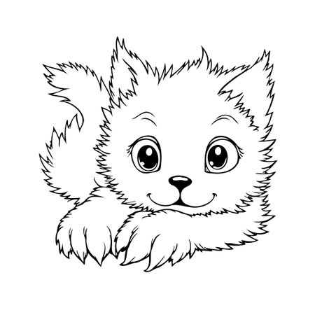An endearing, simplified illustration of a kitten, rendered in black and white outlines, creating a charming image perfect for coloring books, educational resources, or simple design elements. Itsのイラスト素材
