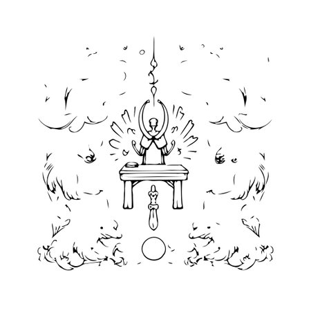 A captivating minimalist illustration features a central figure elevated on a table, surrounded by symbolic objects and ethereal elements. This enigmatic artwork suggests a ritualistic or spiritualのイラスト素材