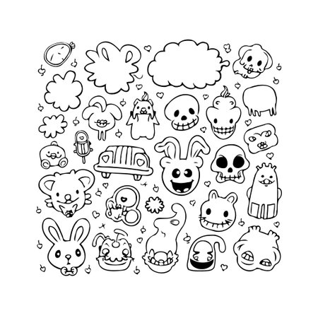 A collection of hand-drawn doodle illustrations showcase a delightful array of whimsical characters and design elements. These playful images add a touch of fun and personality to any project,のイラスト素材