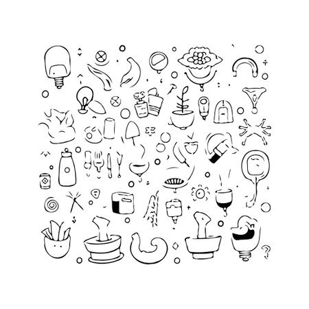 A delightful and whimsical collection of minimalistic line art doodles presenting a variety of everyday objects and abstract concepts in a playful and creatively expressive style suitable forのイラスト素材