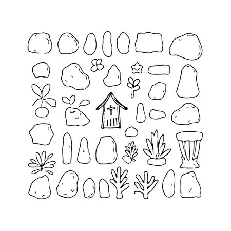 This illustration features a collection of botanical elements drawn in a minimalist line art style. The design incorporates various natural forms, showcasing plants, leaves, twigs, and stones,のイラスト素材