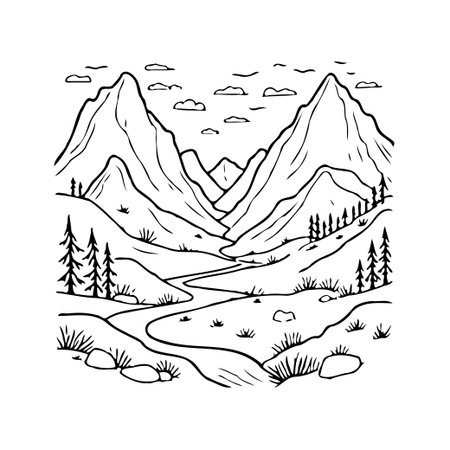 A monochrome vector illustration depicts a peaceful mountain landscape with towering peaks, a meandering river, and scattered trees. The serene vista inspires thoughts of outdoor exploration and theのイラスト素材