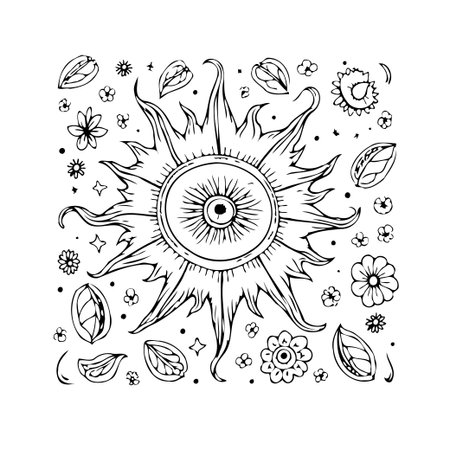 A detailed black and white illustration showcasing a central sun motif surrounded by a variety of floral elements. The design evokes a sense of nature, cosmic energy, and artistic expression throughのイラスト素材