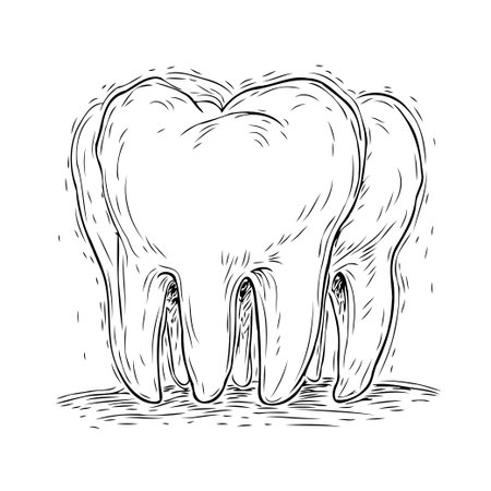 A detailed black and white line drawing presents three teeth. Showcasing the molars and root structures, the illustration has a scientific and anatomical feel, perfect for dental resources orのイラスト素材