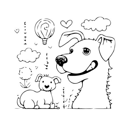 A charming black and white illustration features two delightful cartoon dogs amidst playful elements like a balloon, clouds, and hearts. The simple outlines and cheerful expressions evoke a sense ofのイラスト素材