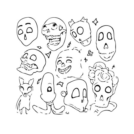 This quirky illustration features a collection of stylized skulls and fantastical characters. The black and white design employs simple lines and playful anatomical elements, resulting in aのイラスト素材