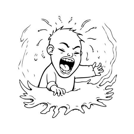 A black and white cartoon image shows a baby crying with its mouth wide open. The baby's expression is filled with anger and frustration. Dramatic lines around the baby emphasize the intensity ofのイラスト素材