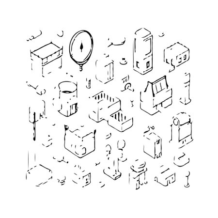 A meticulously crafted isometric drawing showcases a collection of technical objects, presented with...