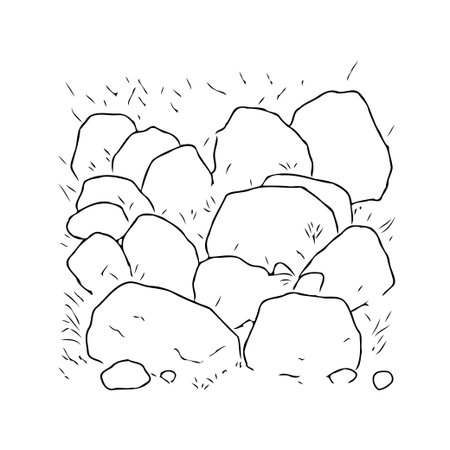 A simple sketch depicts a collection of rounded stones nestled among blades of grass. The monochrome illustration evokes a natural, outdoor setting, perfect for adding an artistic touch to anyのイラスト素材
