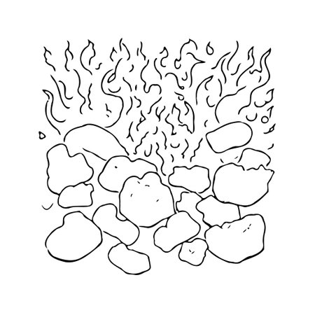 This black and white outlined illustration showcases a pile of stones underneath abstract flames. The minimalistic design creates a sense of warmth and elemental energy. It could be used as a designのイラスト素材