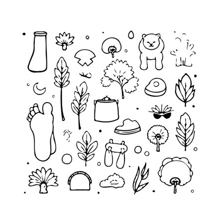 A charming collection of whimsical doodles featuring botanical elements and natural motifs. This vector illustration showcases a variety of hand-drawn items, including leaves, branches, mushrooms,のイラスト素材