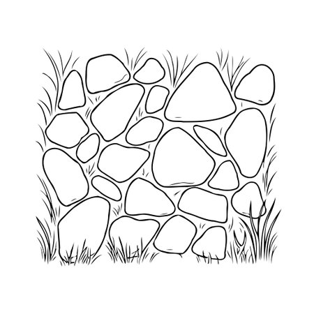 A simple vector illustration showcases a roughly constructed stone wall bordered by wild grass. The black and white graphic element is clean and modern, suggesting a garden, earth, or zen landscapeのイラスト素材