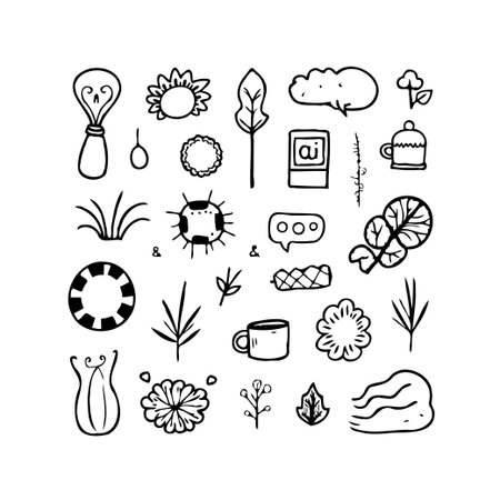 This whimsical doodle collection presents a variety of hand-drawn illustrations, from botanical elements and tech symbols to abstract forms. The black and white linework creates a fun and simpleのイラスト素材