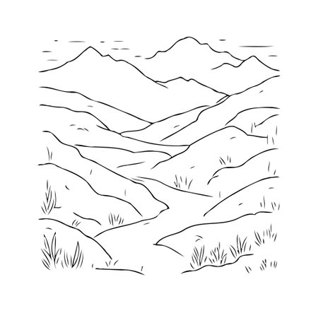 A simplistic line art illustration showcases a rolling landscape with layered hills gradually rising to form distant mountains. The delicate contour drawing emphasizes the gentle slopes and ruggedのイラスト素材