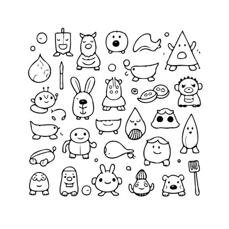 This charming hand-drawn doodle collection showcases a delightful array of cute and whimsical characters. With its playful shapes and simple line work, it's perfect for adding a touch of childlikeのイラスト素材