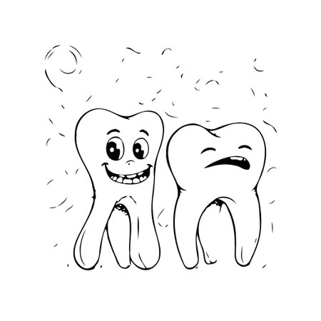 A whimsical black and white line drawing shows two cartoon teeth, one beaming with happiness, its large eyes and wide smile radiating health. The other tooth looks unwell, displaying a painedのイラスト素材