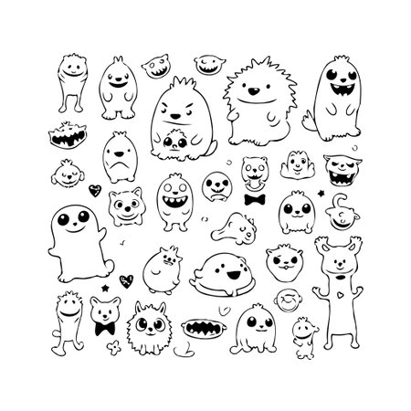 A whimsical collection of adorable doodle-style characters, ideal for adding a playful touch to any project. This diverse assortment features charming expressions and unique designs, perfect forのイラスト素材