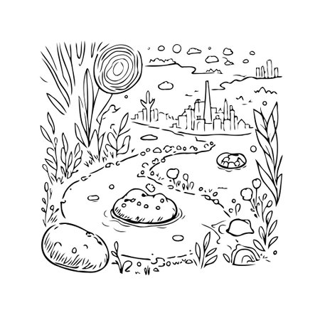 An artistic sketch that features an urban oasis nestled amidst a cityscape, blending nature and urban elements seamlessly. This unique composition captures the serene beauty of a nature sanctuaryのイラスト素材