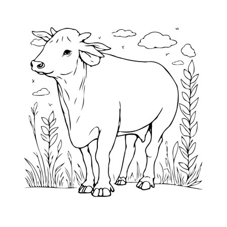 This captivating outline illustration features a cow standing gracefully in a field, framed by delicate foliage and serene clouds. Ideal for coloring books and educational materials, it captures theのイラスト素材