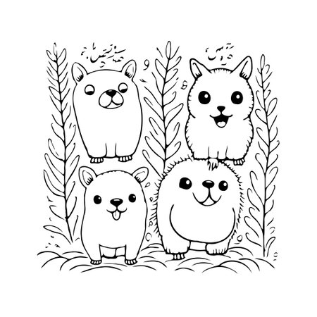A charming and endearing illustration presenting four distinct animal characters in a delightful cartoonish way. This graphic is perfect for adding a dose of cuteness to any project, such asのイラスト素材