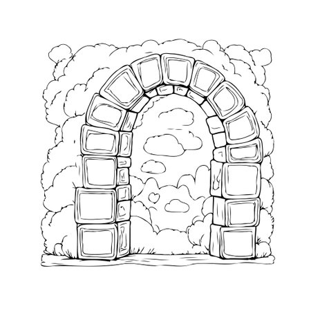 A creative monochromatic illustration presents a stylized archway, acting as a portal to fluffy clouds and open skies. This artwork evokes a sense of fantasy, offering a whimsical perspective onのイラスト素材