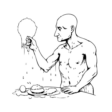 A monochrome illustration portrays a bald man deep in contemplation, holding an undefined substance above a scattered breakfast setting. The artwork explores themes of introspection, routine, andのイラスト素材