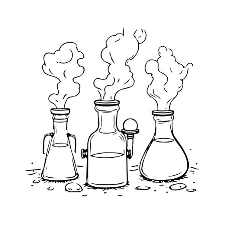 Three uniquely shaped flasks bubble with unknown solutions, releasing vaporous plumes that rise and twist into fantastical shapes. This monochrome drawing evokes a sense of alchemic experimentationのイラスト素材