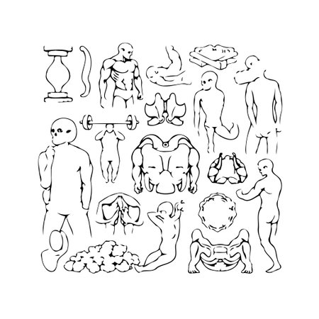 This intricate drawing showcases an array of human figures, each accentuating specific muscle groups and poses. Perfect for studies in anatomy, fitness, or creative pursuits, offering a glimpse intoのイラスト素材