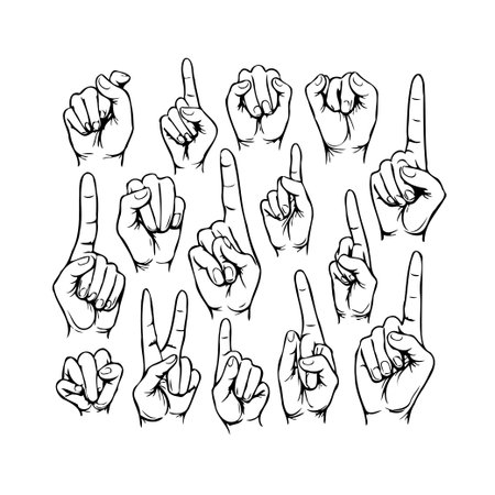 A collection of diverse hand gestures and signs are meticulously sketched in black and white, portraying a range of concepts. From pointing and counting to peace and determination, these expressiveのイラスト素材