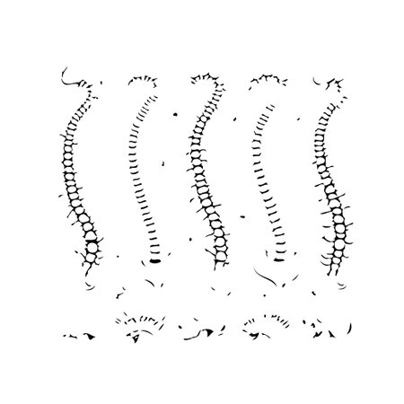 A black and white stylized illustration showcases a series of simplified spines, emphasizing the human anatomy. The design provides a graphical depiction of the vertebral column, representingのイラスト素材