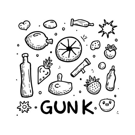 Playful and quirky hand-drawn illustration featuring an eclectic mix of everyday objects arranged in a whimsical composition. The image invites viewers to embrace creativity and celebrate the funのイラスト素材