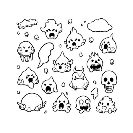 A collection of delightful cartoonish monsters floats on a white background. This illustration showcases a spooky and playful design suitable for children's products, decorations, or simple and easyのイラスト素材