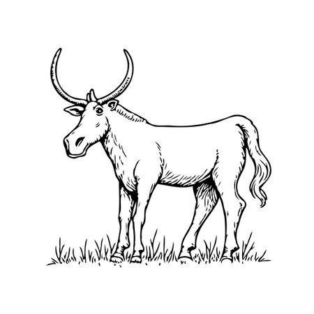 This monochromatic illustration features a horned animal, possibly an antelope, standing serene in a grassy field. The artwork captures the essence of wildlife, nature, and evokes a sense of freedomのイラスト素材