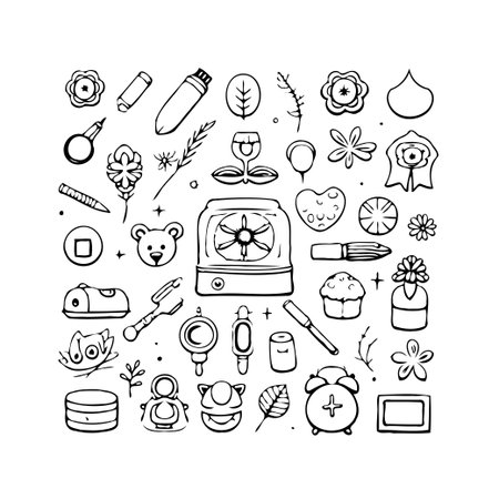 A hand-drawn doodle art showcases a whimsical illustration features playful and unique objects. This black and white design, created with careful attention to detail, embodies artistic expressionのイラスト素材