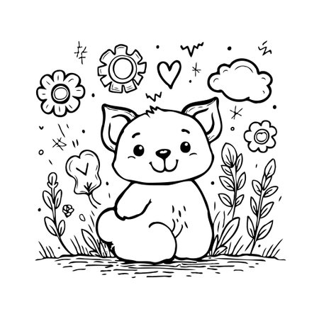 This adorable coloring page features a cute bear nestled among abstract elements and pretty florals, perfect for sparking creativity and providing hours of joyful entertainment for children,のイラスト素材
