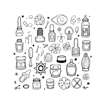 Hand-drawn illustration of various cosmetic and potion containers, accompanied by floral accents. This sketch-style image showcases beauty, skincare, and wellness, perfect for a creative design inのイラスト素材