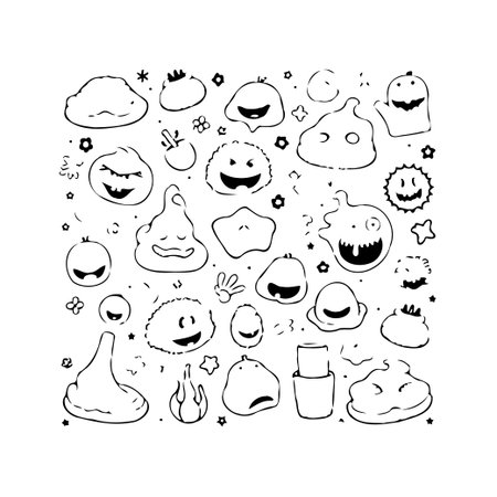A collection of whimsical monster doodles presented in a simple black-and-white outline. The illustration features a variety of cute and funny characters, perfect for adding a touch of playfulのイラスト素材