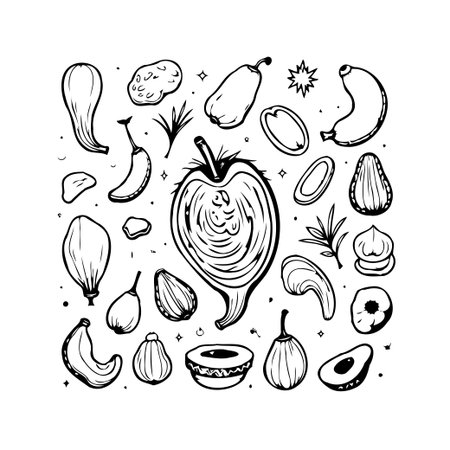 Delicate botanical line art illustration featuring a curated collection of different plants and fruits, perfect for adding a touch of natural charm to branding or creative projects. This art is anのイラスト素材