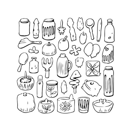 A diverse collection of hand-drawn kitchenware and cooking utensils displayed in a simple black and white line drawing, evokes a vintage, rustic charm. Perfect for illustrating cooking blogs orのイラスト素材