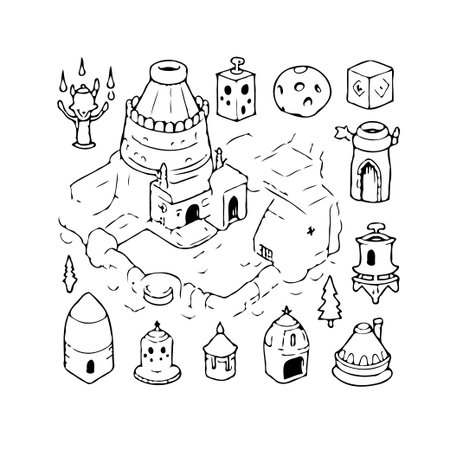 Artistically rendered monochrome illustration showcasing a quirky, whimsical architectural settlement. Featuring imaginative building designs and playful details, this drawing conveys a sense ofのイラスト素材