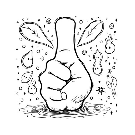 This black and white illustration features a prominent hand gesture, surrounded by whimsical floating elements and simple doodles. The sketch-like style evokes a sense of childlike wonder, making itのイラスト素材